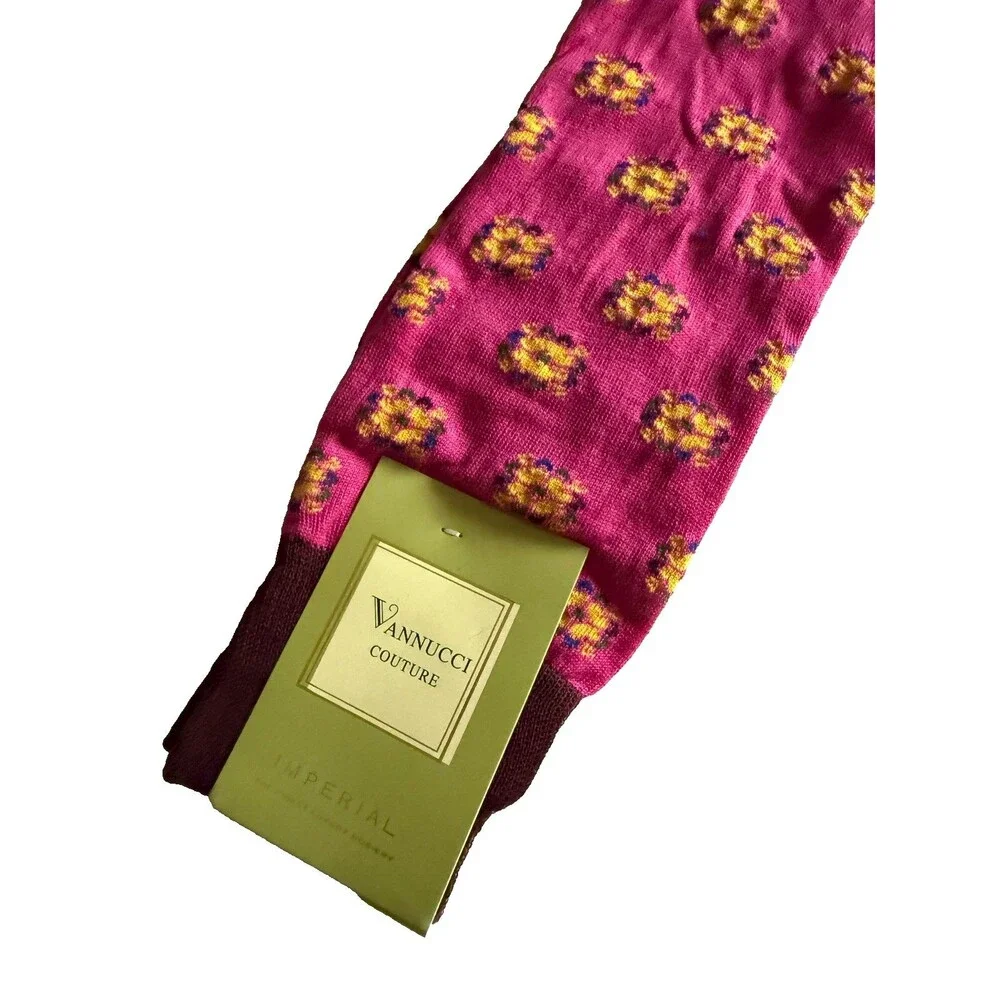Vannucci Designer Floral Print Mens Dress Socks Pink Yellow Cotton Sz 10-13